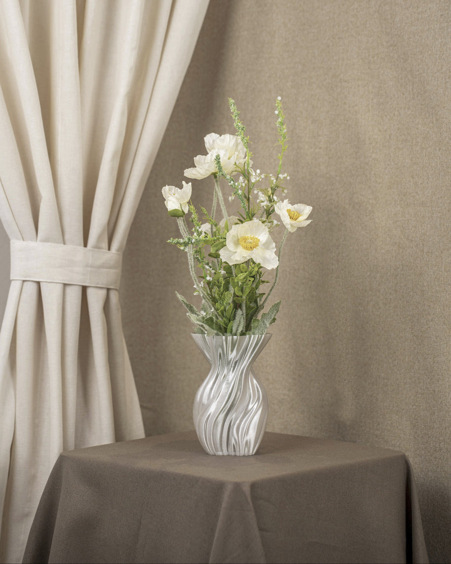 Vintervad Design Anna white sculptural vase made from biodegradable grain harvest materials with organic tree lines.