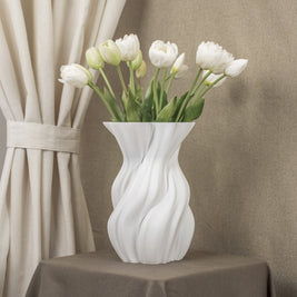 Vintervad Design Anna white sculptural vase with organic twisted lines, made from sustainable biodegradable materials.